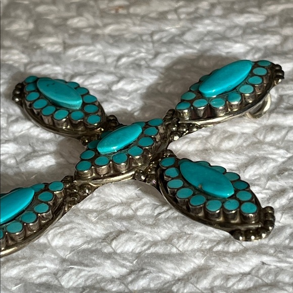 Large N Dishta Zuni Turquoise Cross Pendant Sterling Silver Inlay Navajo NM Vtg - Picture 12 of 15